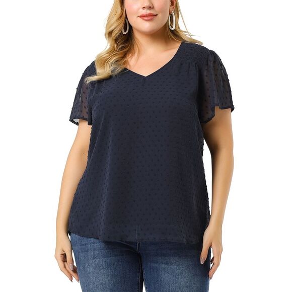 Plus Size Blouses Women Pin Dots Smocked Flare Sleeve Tops Royal Blue - Picture 2 of 6